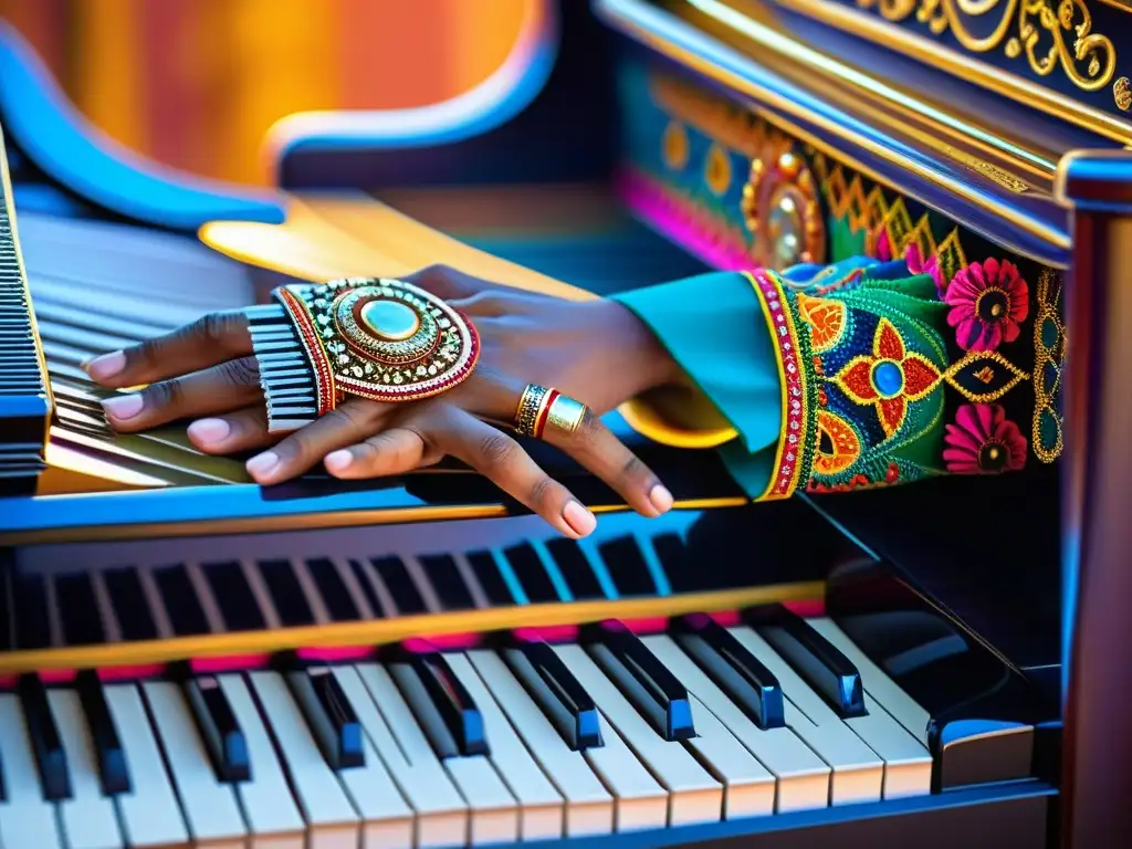 Un pianista toca con gracia un piano adornado con motivos culturales, explorando la diversidad musical