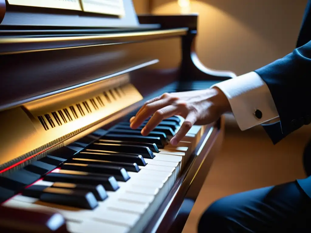 Un pianista ejecuta con precisión y gracia técnicas de mano izquierda en el teclado, capturando la intensa concentración y destreza artística