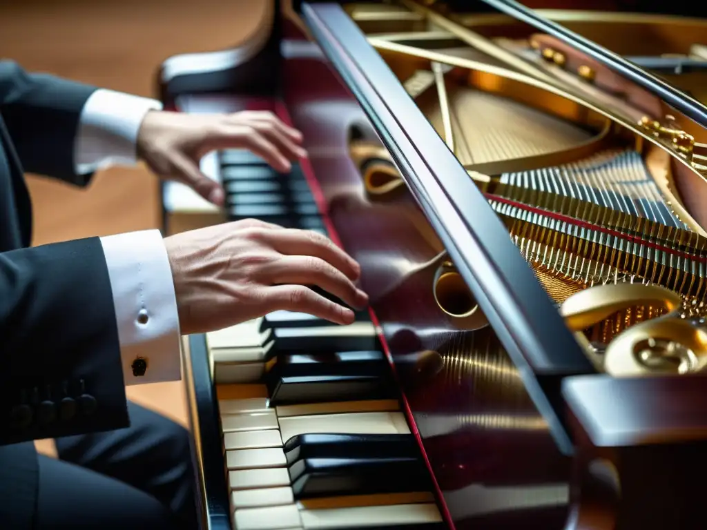 Un pianista habilidoso toca con gracia las teclas de un piano de cola, transmitiendo equilibrio, fidelidad y carácter en su interpretación