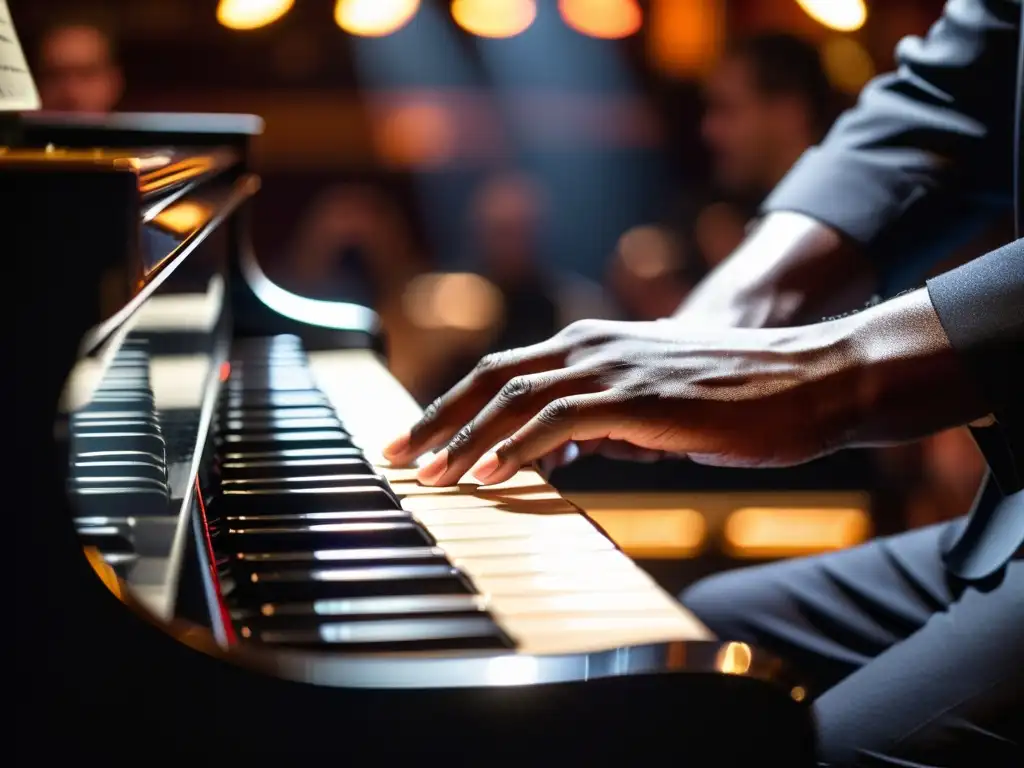 Un pianista de jazz concentrado, con las manos ágiles sobre el piano, en un club con espectadores cautivados