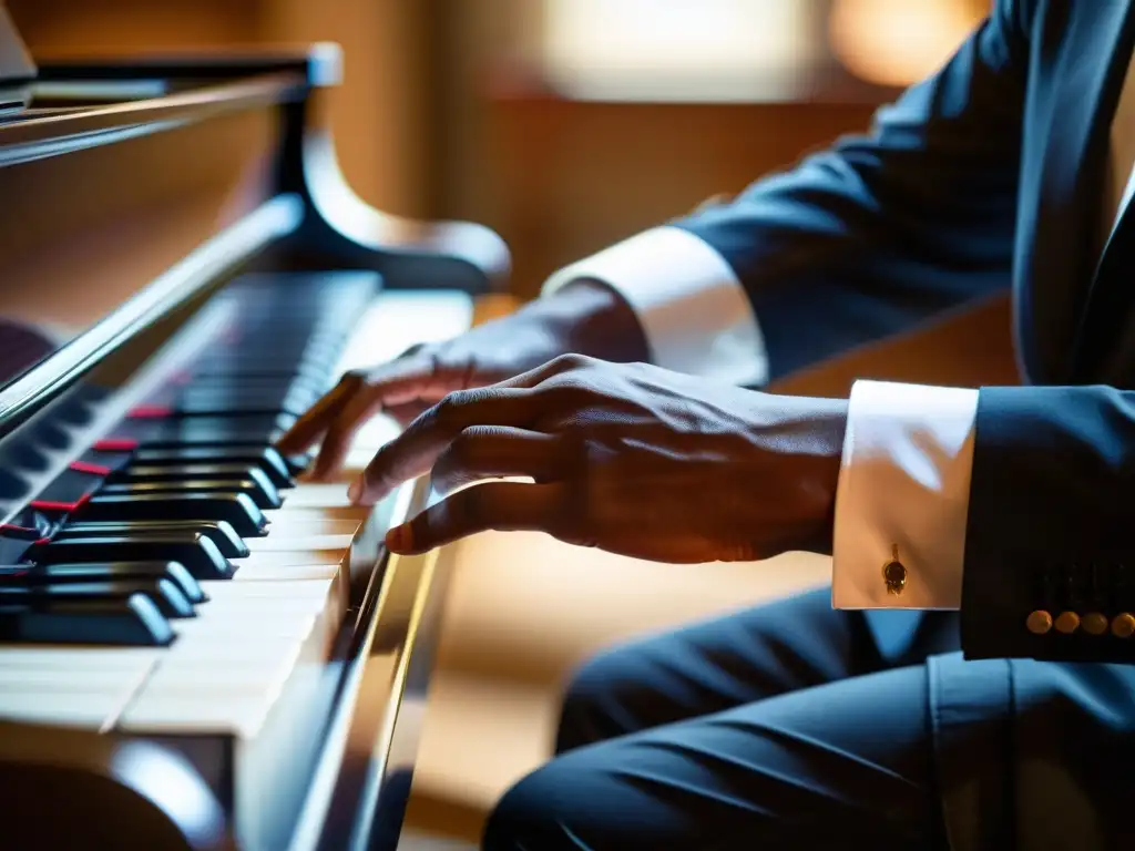 Un pianista de jazz improvisa con destreza, sus manos borrosas crean melodías envolventes