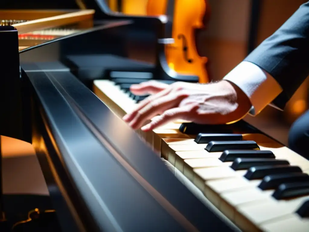 Un pianista de jazz improvisando apasionadamente en un escenario íntimo