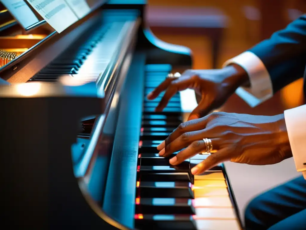 Un pianista de jazz improvisando durante un festival de jazz, sus manos expresan pasión y destreza en las teclas del piano