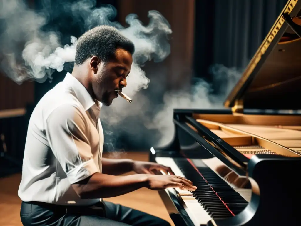 Un pianista de jazz se sumerge en una improvisación apasionada, su rostro refleja concentración y emoción