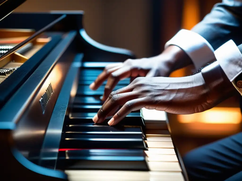 Un pianista de jazz improvisando, sus manos son un torbellino sobre las teclas, en un festival de jazz de improvisación