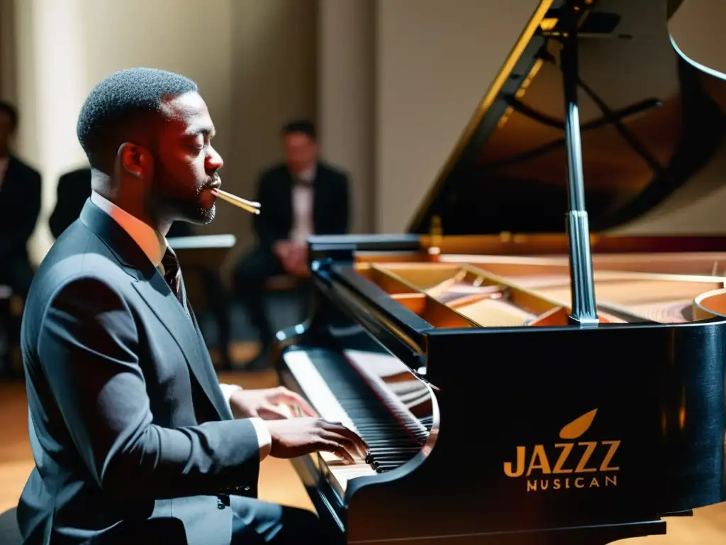 Un pianista de jazz se concentra frente al piano de cola, rodeado de otros músicos inmersos en su mundo musical