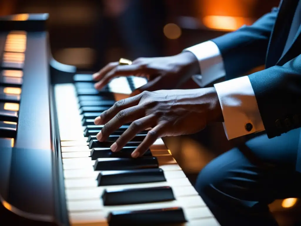 El pianista de jazz toca el teclado con maestría en un club íntimo, mostrando técnicas de jazz en teclado con emoción y destreza
