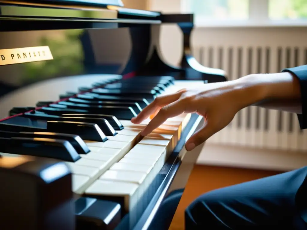 Un pianista concentra sus manos sobre un piano de cola, listo para ejecutar técnicas teclado música coral con destreza y pasión