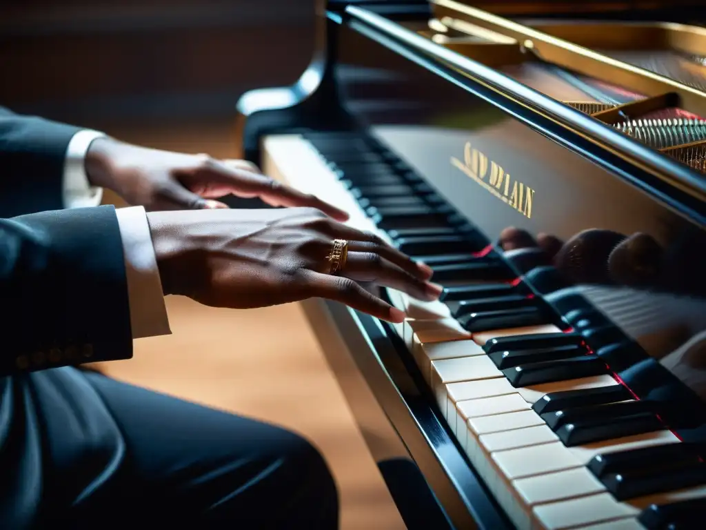 Un pianista improvisa una melodía emotiva, con técnicas de improvisación en instrumentos, resaltando la emoción y destreza