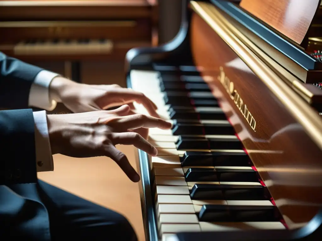 Un pianista improvisando una melodía soul, sus manos danzando con elegancia sobre el piano de cola