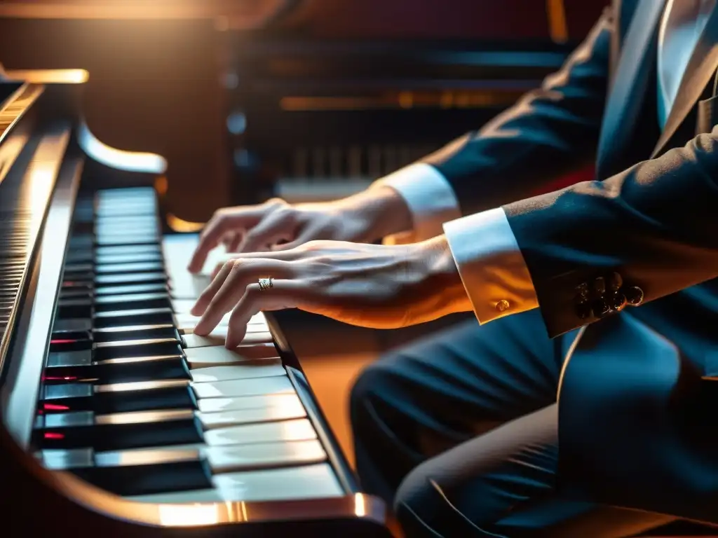 Un pianista ejecutando modos en el teclado de un piano de cola, iluminado por cálidas luces de escenario, evocando pasión y destreza