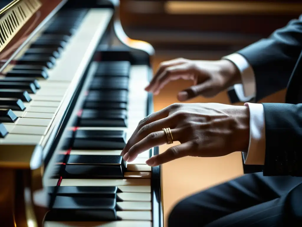 Un pianista se sumerge en la música mientras sus manos expertas recorren las teclas de un gran piano