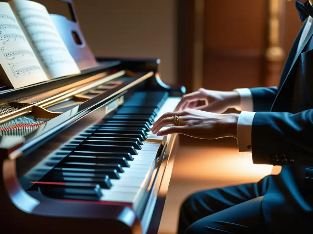 Un pianista interpretando con pasión una pieza clásica en un piano de cola, destacando la evolución técnica del teclado a lo largo de la historia