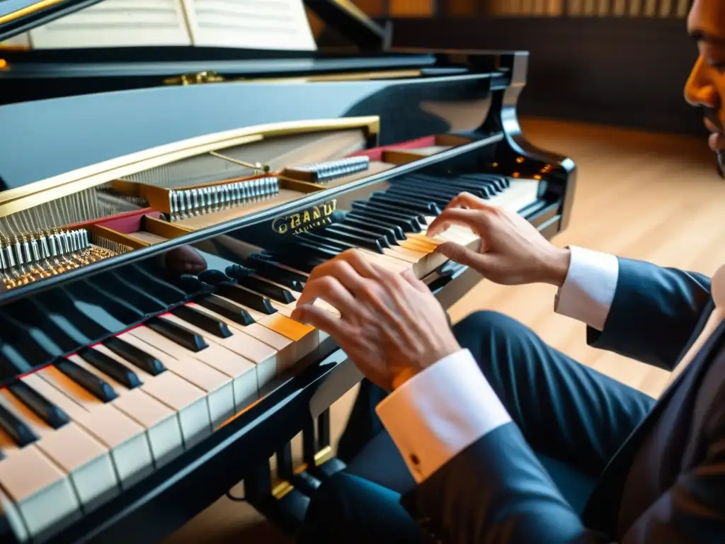 Un pianista toca los pedales de un piano de pedales, mostrando la conexión profunda entre el intérprete y el instrumento