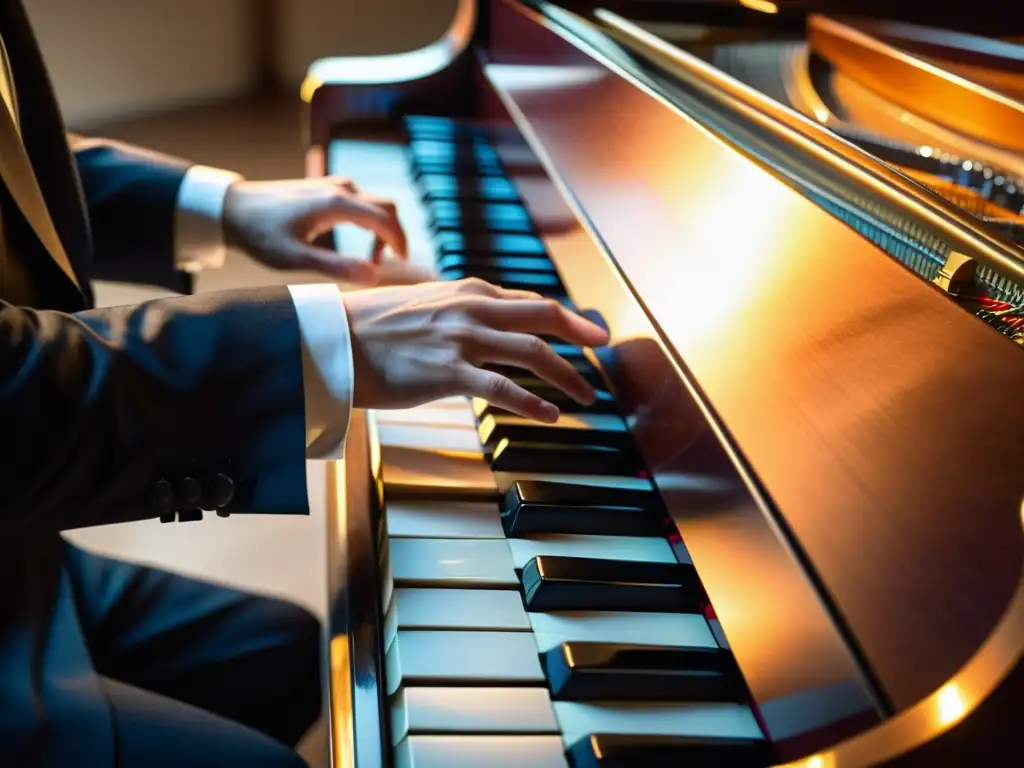 Un pianista improvisa con pasión en un piano de cola, mostrando destreza y emoción