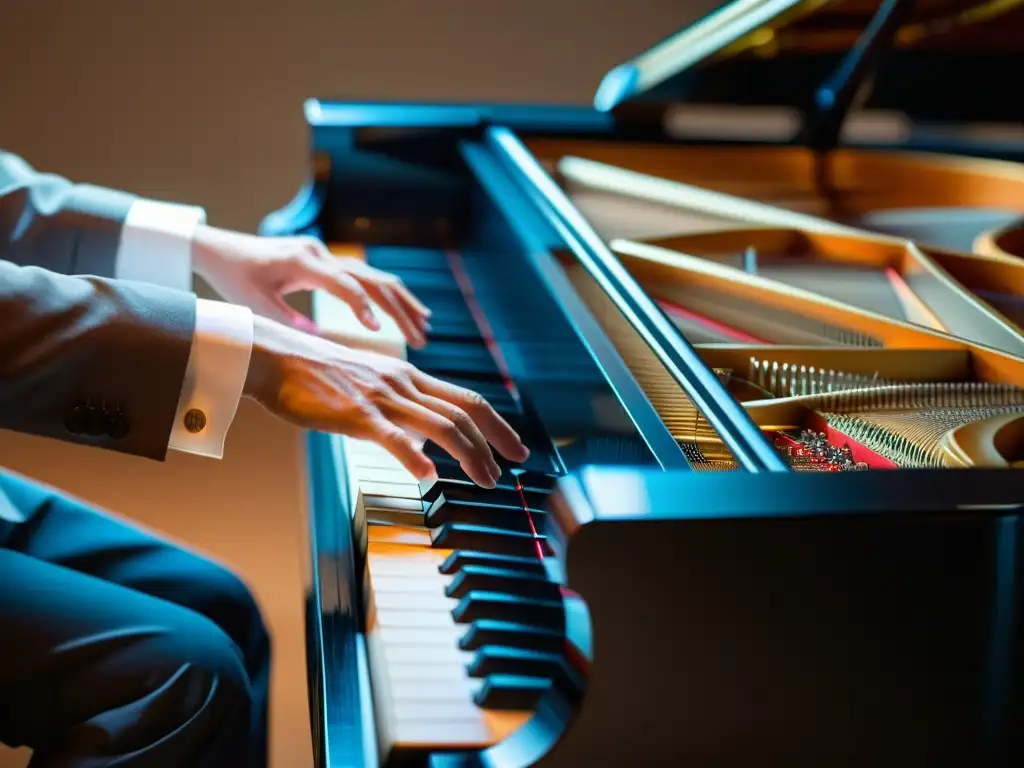 Un pianista improvisa con pasión en un piano de cola, mostrando destreza y emoción