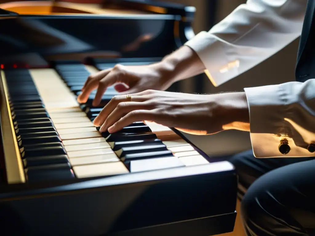 Un pianista improvisa con pasión en un piano de cola, mostrando la emoción en su rostro y la destreza de sus manos sobre las teclas