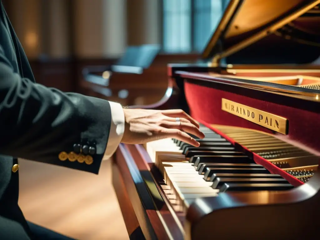 El pianista interpreta emocionalmente el piano en una majestuosa sala de conciertos, destacando la artesanía del instrumento