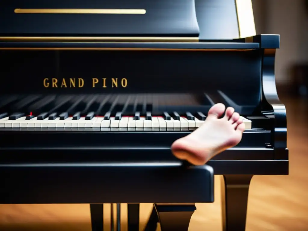 El pianista presiona con precisión el pedal del piano, destacando el uso correcto de los pedales en la interpretación