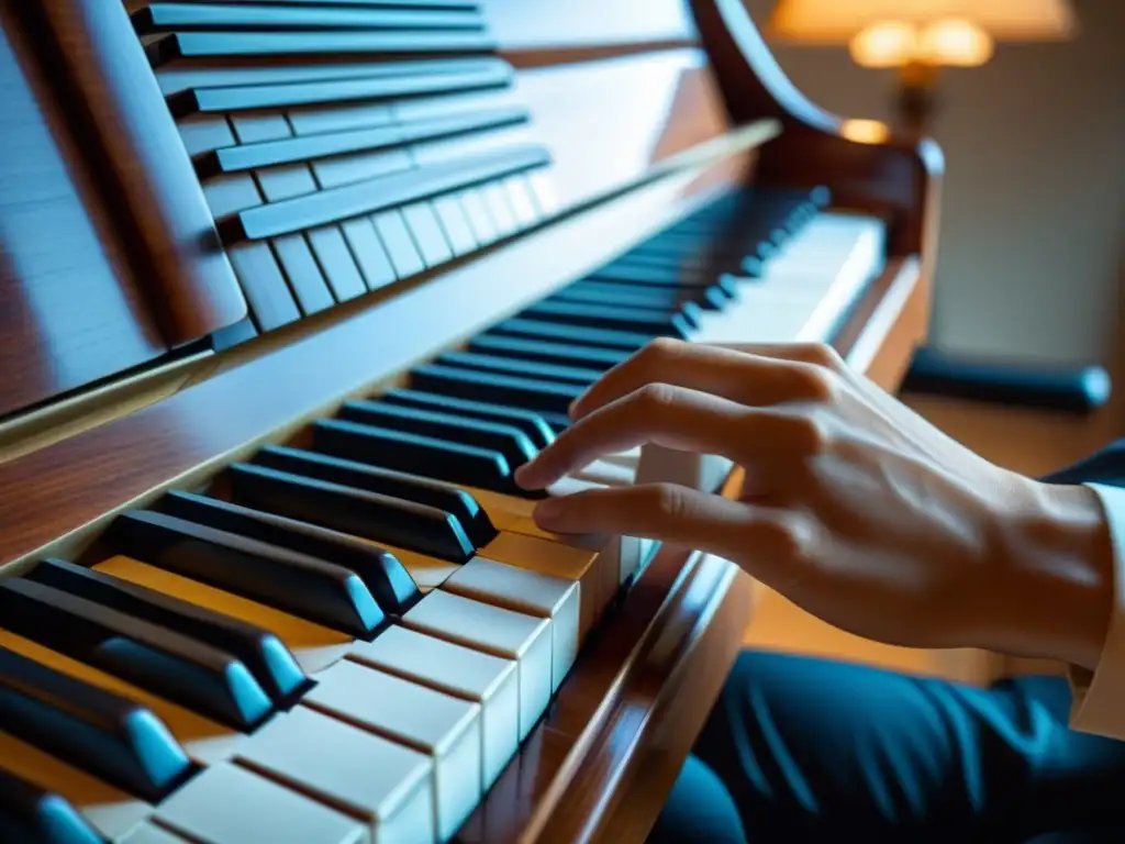 Un pianista presiona delicadamente las teclas de un piano tradicional, mostrando la evolución de instrumentos de teclado