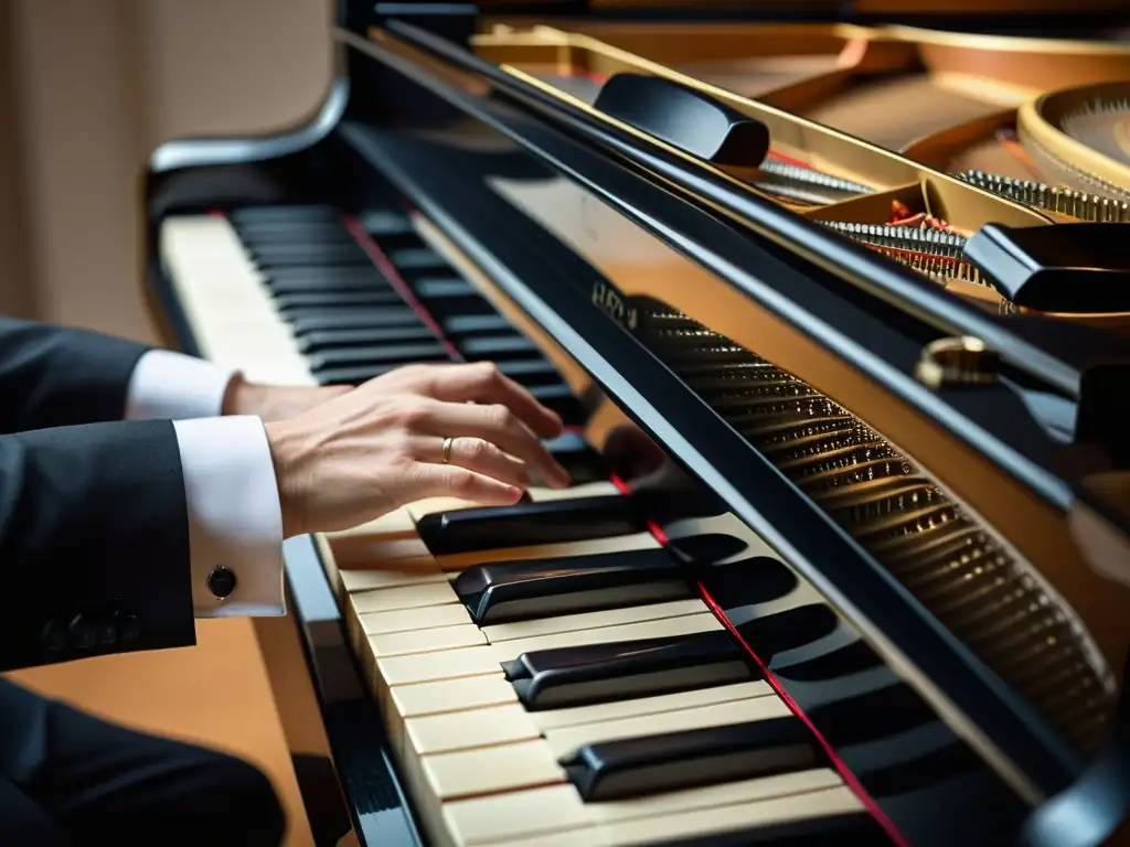 Un pianista ejecutando técnicas legato y staccato en un magnífico piano de cola, mostrando maestría y pasión por la música