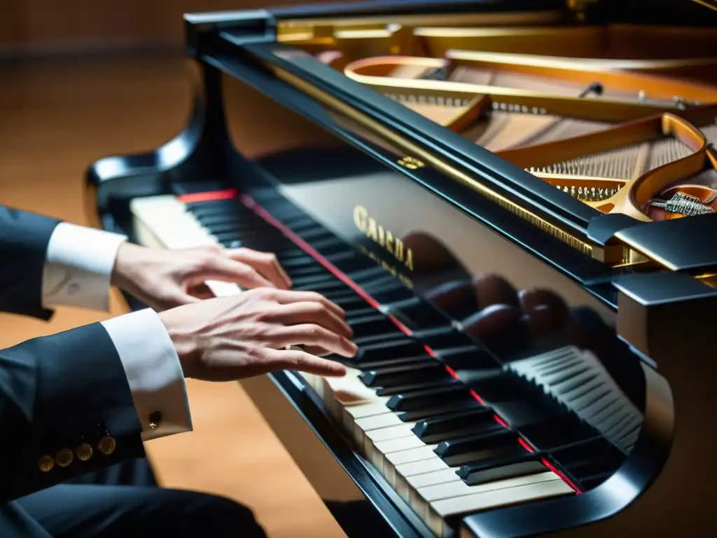 Un pianista ejecuta técnicas de teclado en música de cámara con pasión y precisión en un concierto evocador