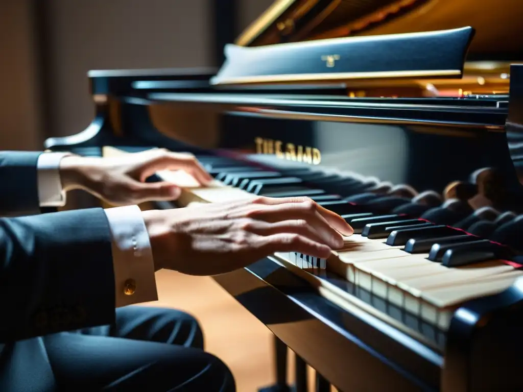 Un pianista ejecuta técnicas de teclado con pasión y concentración en un gran piano, transmitiendo emoción a través de la música coral