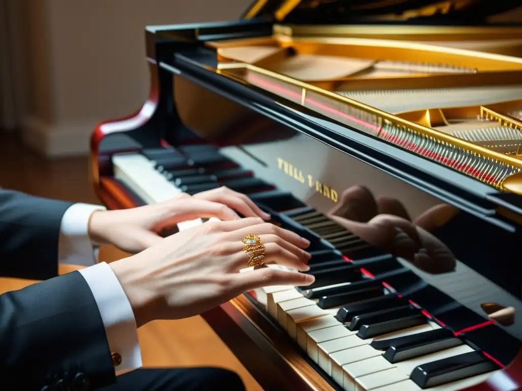 Un pianista ejecuta trinos y adornos en un piano de cola, mostrando la elegante fluidez de las técnicas de ornamentación del teclado