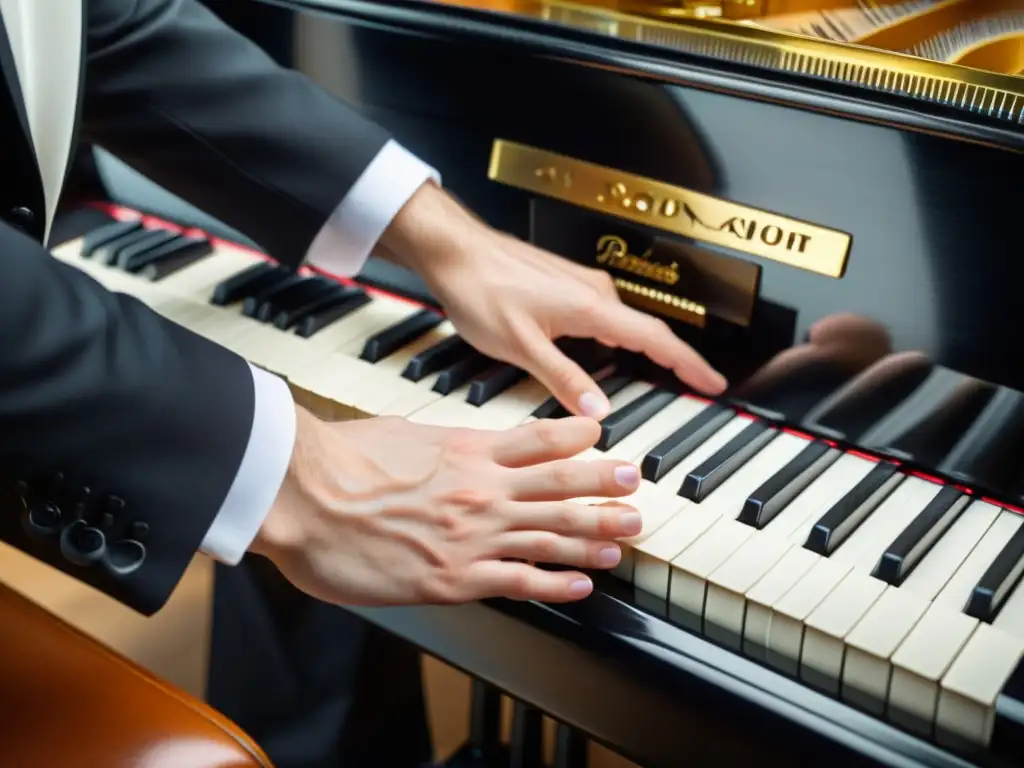 El pianista muestra el uso correcto del pedal del piano con precisión y destreza, destacando la técnica y el arte