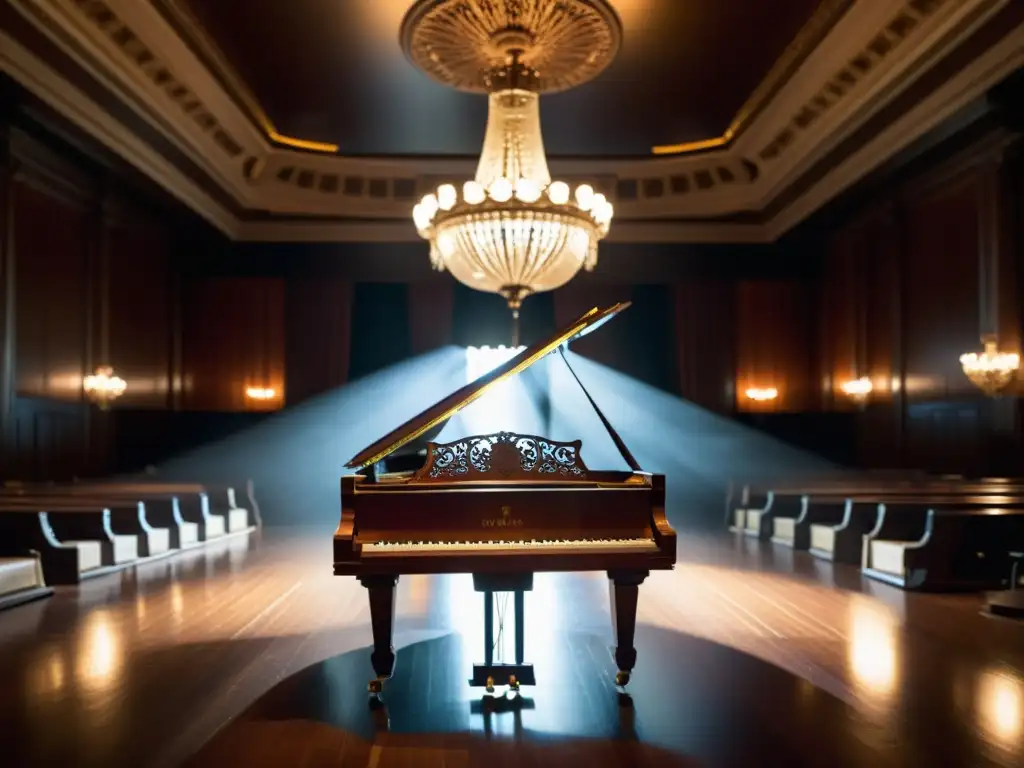 Un piano antiguo tallado detalladamente en un salón de conciertos iluminado por tenues luces, evocando el desarrollo histórico del piano moderno