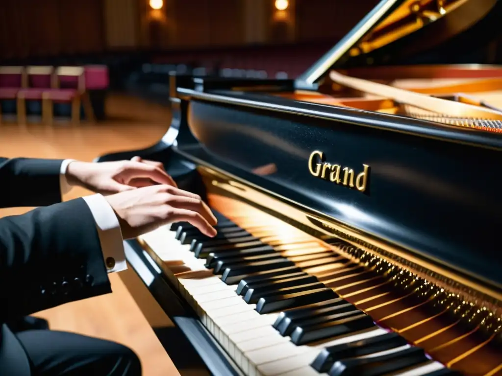 Un piano de cola en un elegante salón de conciertos, iluminado por cálidas luces de escenario