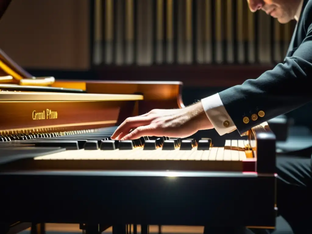 Un piano de cola siendo afinado por un técnico en una sala de conciertos, con las cuerdas y detalles visibles bajo un foco