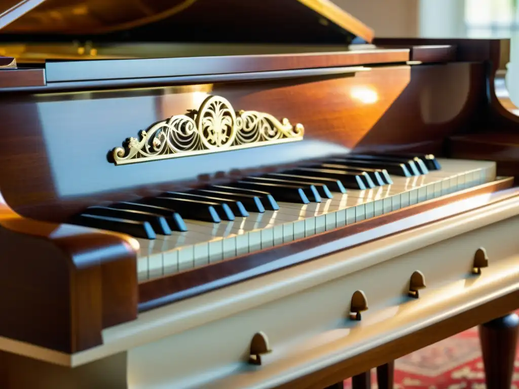 Un piano de cola vintage bañado en cálida luz natural, resaltando su exquisita madera y teclas de marfil