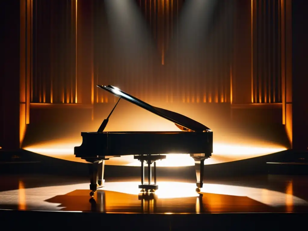 Un piano de concierto en el centro de una sala iluminada, con un pianista apasionado y una audiencia cautivada