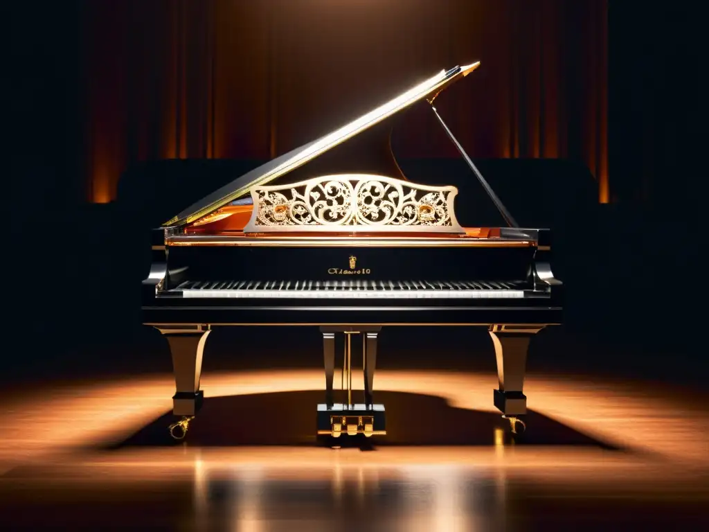 Un piano de concierto de diseño, con su superficie negra brillante reflejando la cálida luz del foco sobre el escenario