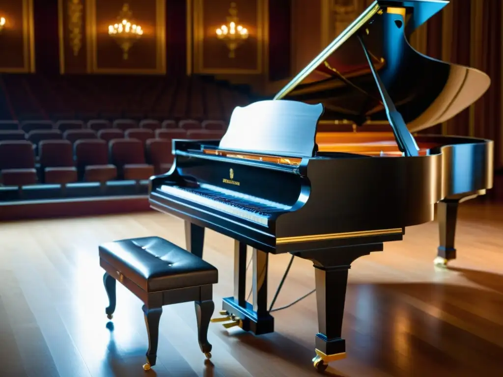 Un piano de concierto en un lujoso salón, iluminado dramáticamente