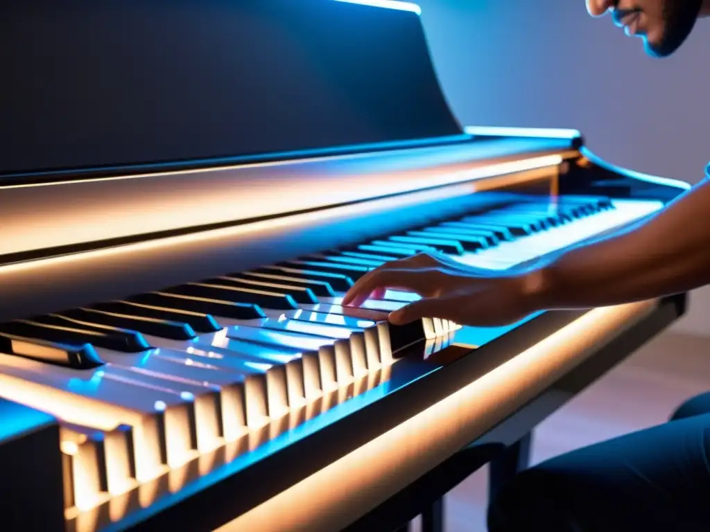 Un piano digital de alta gama con diseño moderno y elegante, mostrando su pantalla LED, teclas sensibles al tacto y botones de control