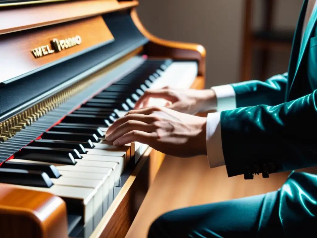 Un piano digital en un estudio bien iluminado, con detalles intrincados en las teclas, pedales y panel de control