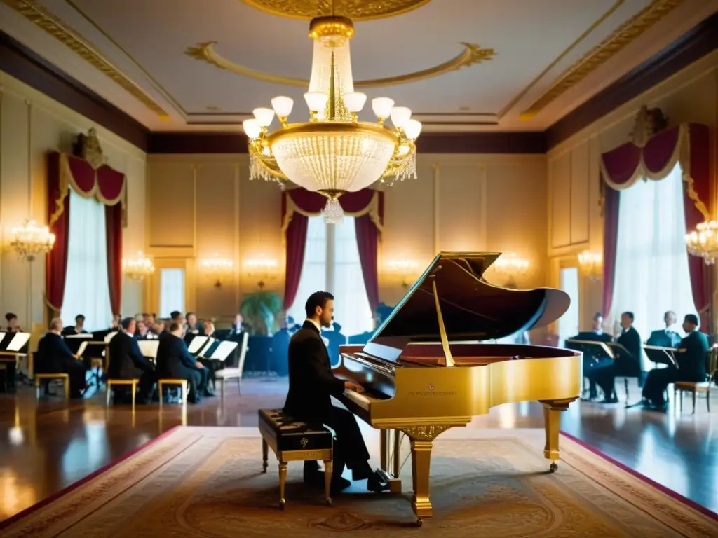 Un piano dorado destaca en un salón lujoso, con músicos vestidos de época