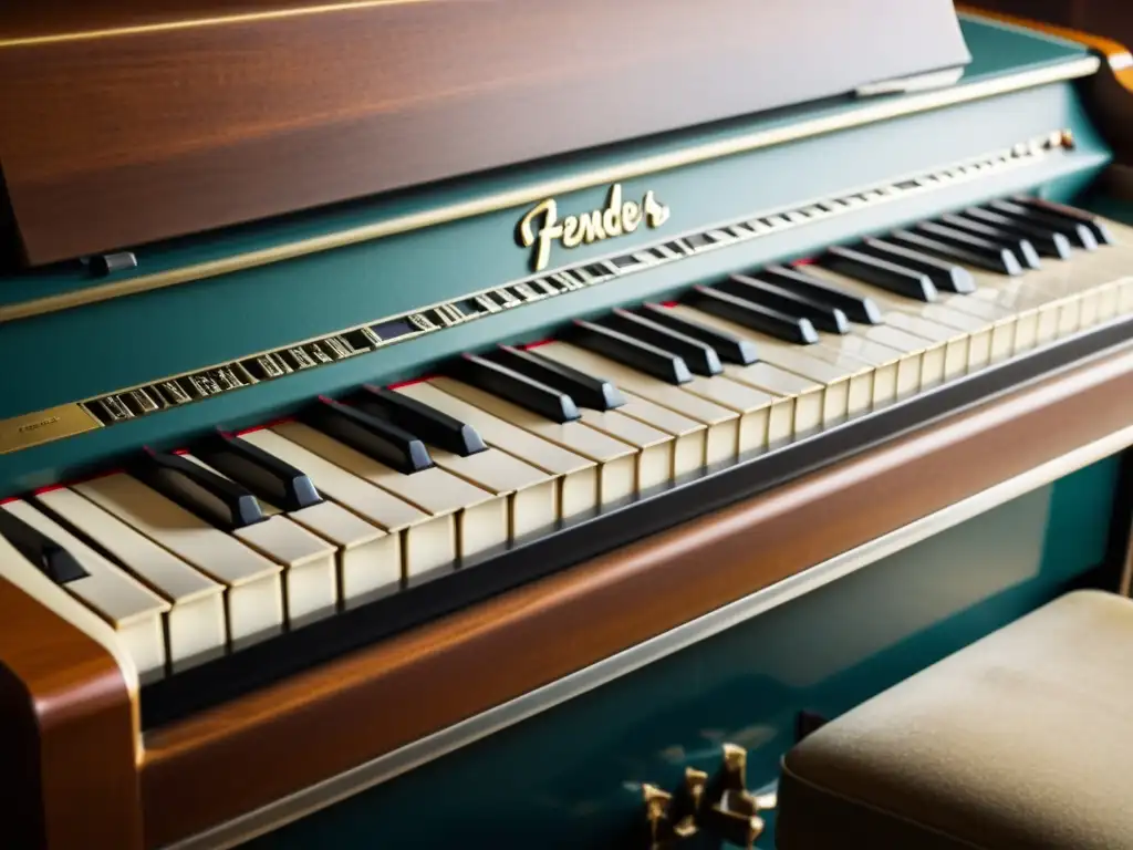 Un piano eléctrico Fender Rhodes vintage, iluminado suavemente, revelando detalles intrincados