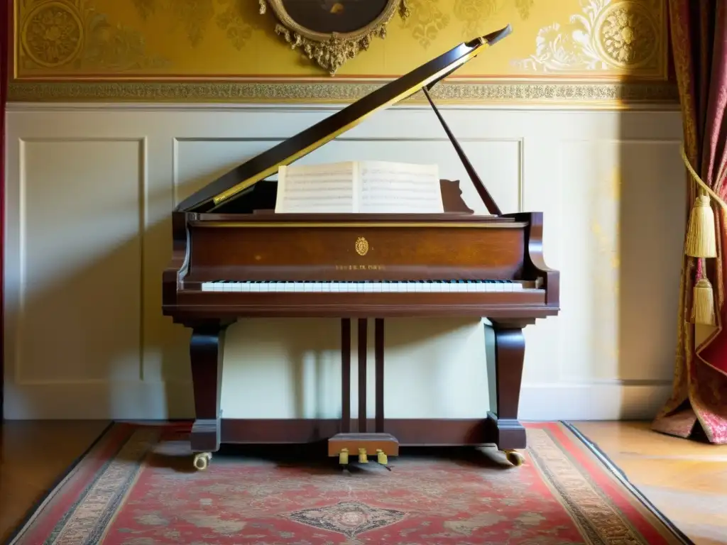 Un piano de época junto a un papel pintado del siglo XIX, iluminado por luz natural