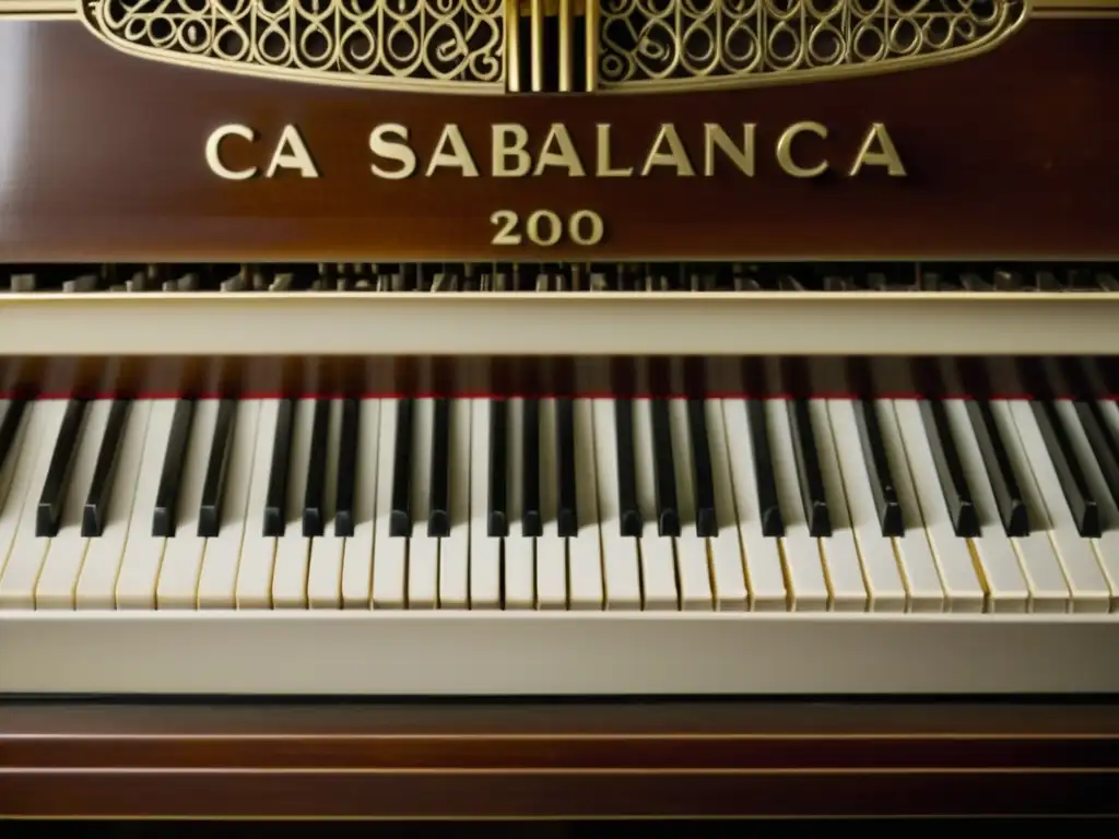 Piano icónico de la película 'Casablanca' con teclas de marfil desgastadas y detallada carpintería, evocando nostalgia y peso emocional