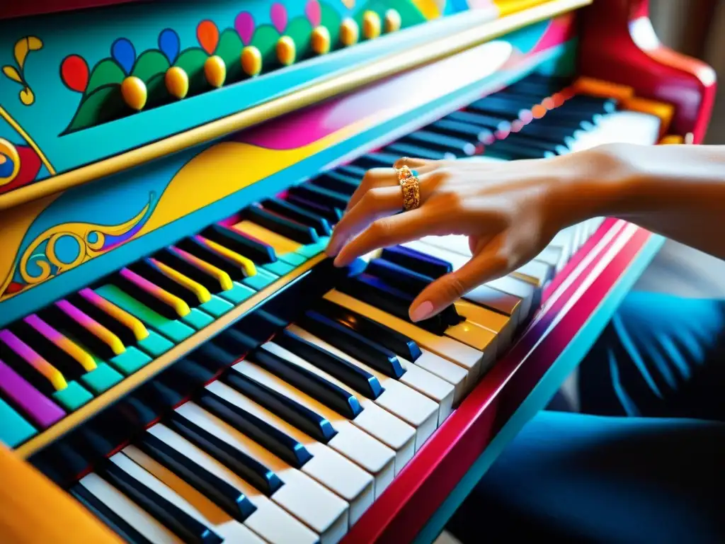 Un piano ornamental y colorido tocado por manos en movimiento, capturando la pasión y ritmo de la música latina