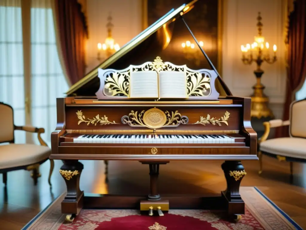 Un piano del siglo XVIII ricamente decorado en un salón europeo opulento, evocando la historia del piano en diferentes culturas