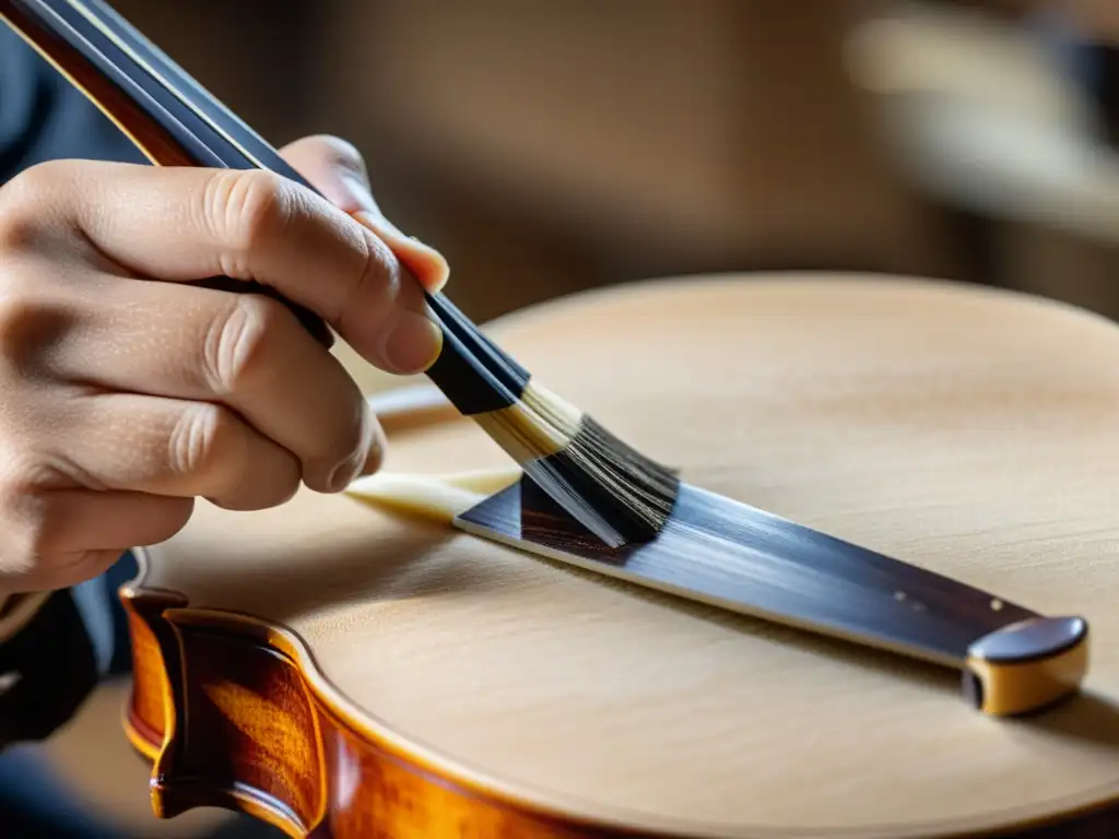 Un luthier aplica con precisión cola de piel a una junta de violín, destacando las técnicas de unión adhesivos instrumentos