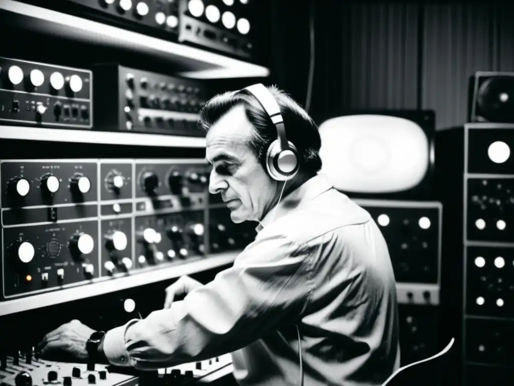 Pierre Schaeffer, pionero de la música concreta, concentrado en su estudio rodeado de equipos vintage