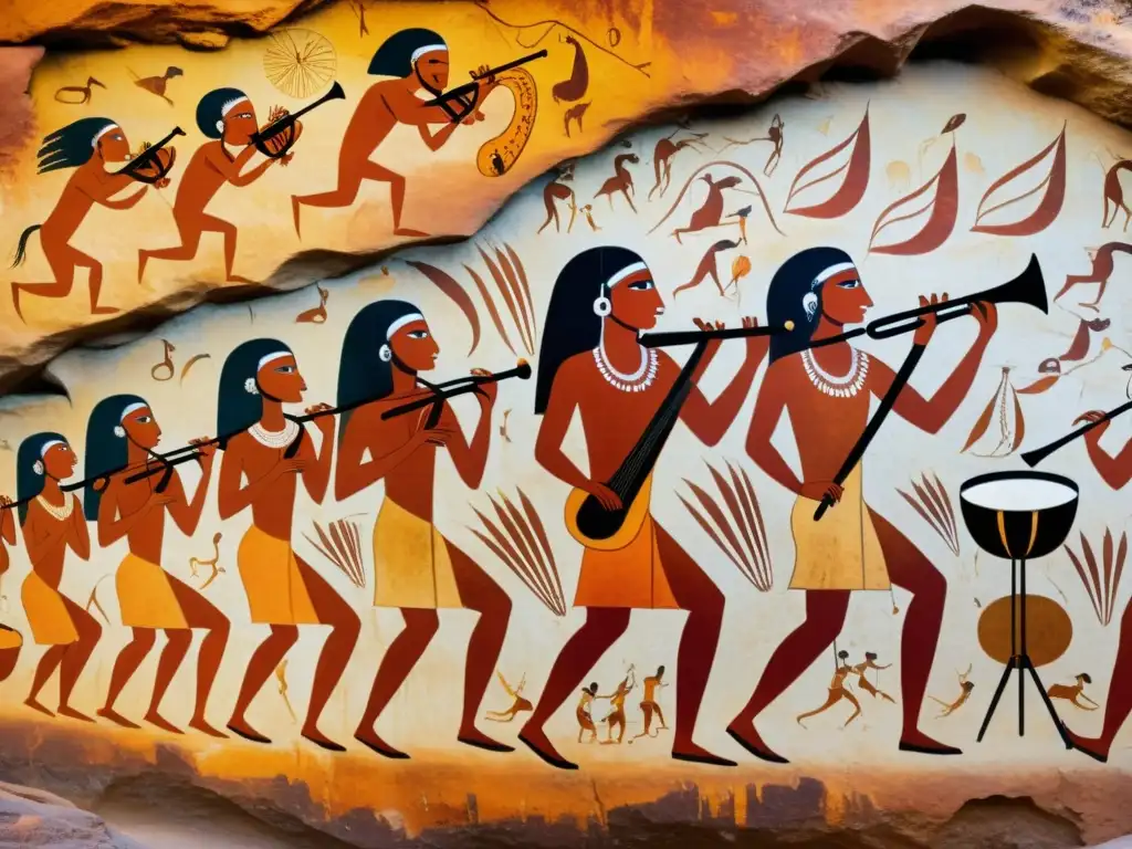 Una pintura rupestre detallada muestra la historia y evolución de instrumentos musicales antiguos mientras humanos tocan flautas, tambores y cuerdas