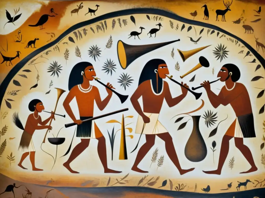 Pintura rupestre de humanos prehistóricos tocando instrumentos de viento, mostrando la evolución musical en la prehistoria