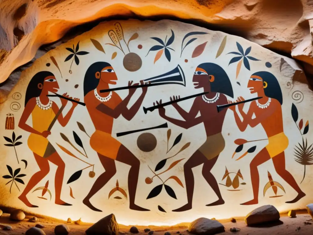 Pintura rupestre de la evolución de instrumentos de percusión con figuras humanas primitivas tocando tambores