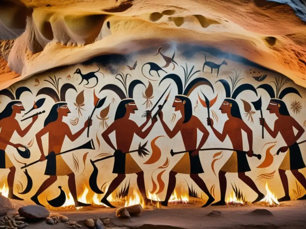 Una pintura rupestre prehistórica muestra el uso de cuernos como instrumentos musicales en una escena de baile alrededor del fuego